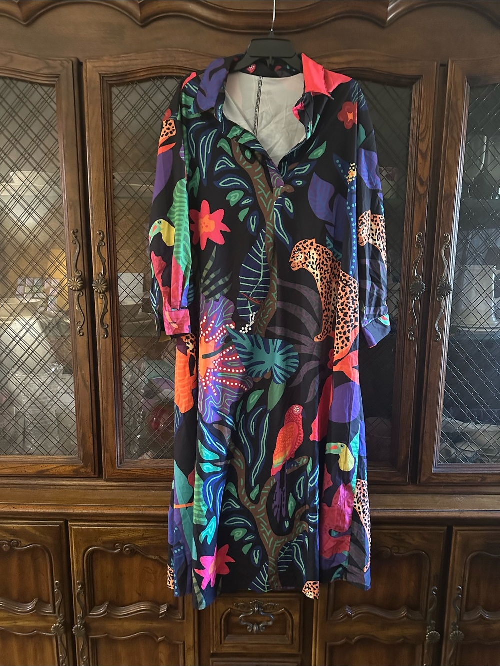 SHEIN Black Tropical Maxi Shirt Dress with Multicolor Jungle Print